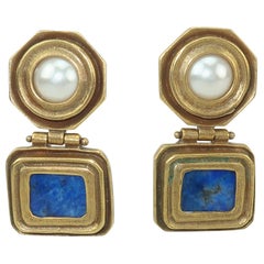 Vintage Roman Style Brass, Lapis Lazuli & Faux Pearl Earrings