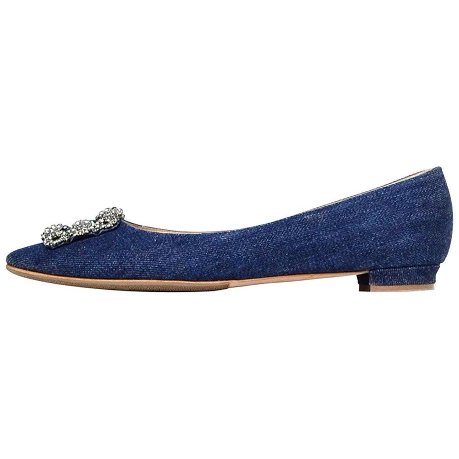 Manolo Blahnik Blue Denim Hangisi Flats W/ Crystals Sz 39.5 For Sale at ...