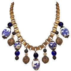 Blue and White Porcelain Chinese Bead and Brass Bookchain Necklace 