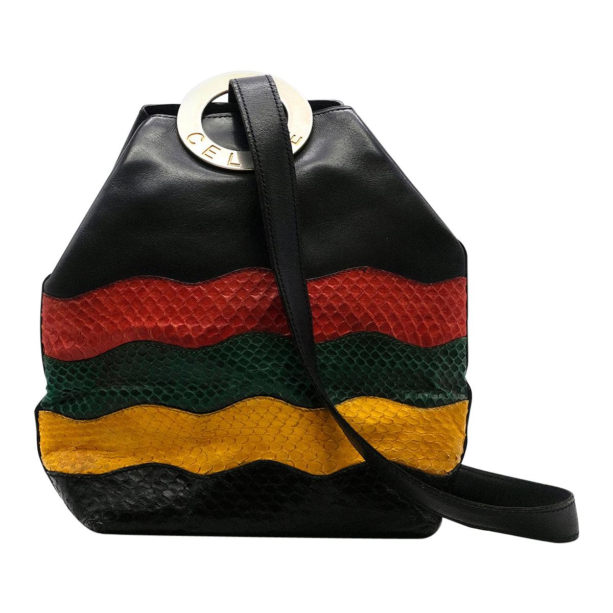 Celine Multi Colored Leather & Python Skin Bucket Bag