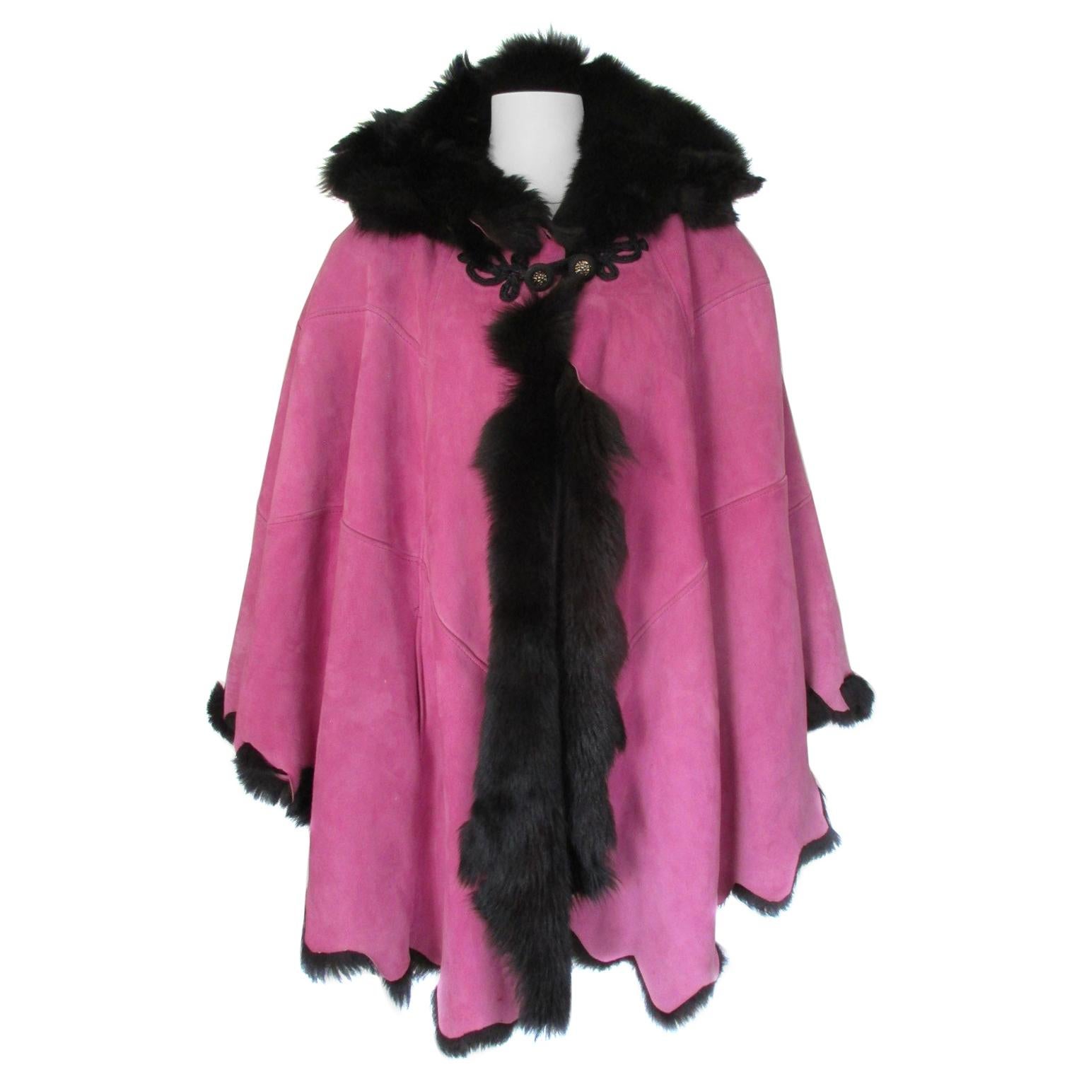 Pink Hooded Soft Suede Tuscany Lamb Shearling Fur Cape