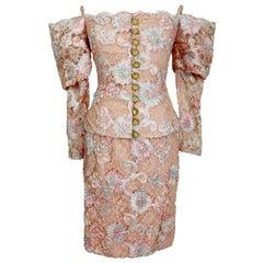 1970s Lanvin Pink Floral Lace Embroidered Formal Dress Set Skirt Jacket