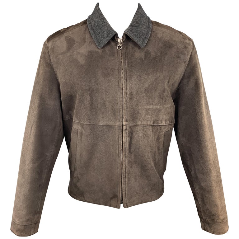 SALVATORE FERRAGAMO 38 Brown Suede Grey Collar Jacket For Sale at 1stDibs