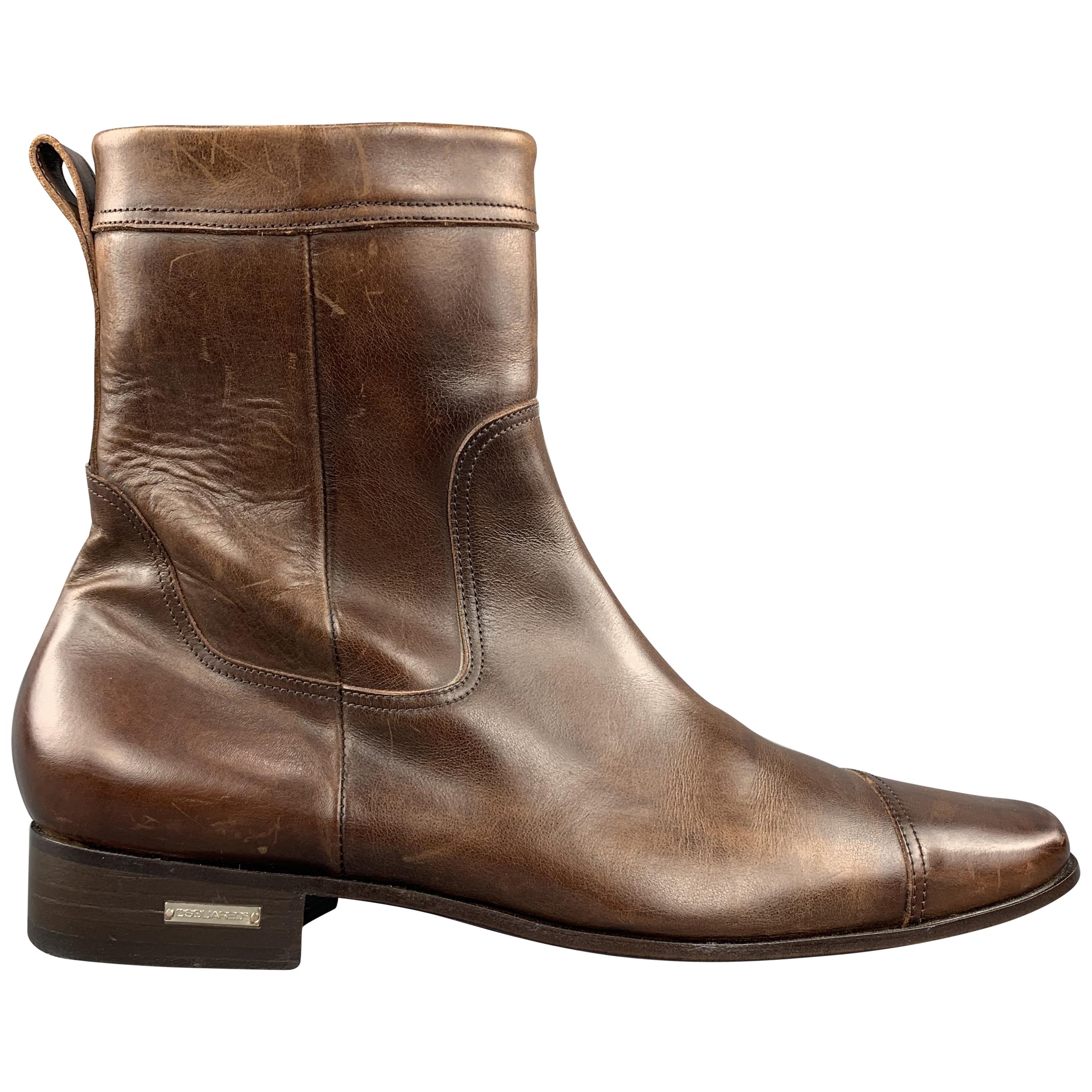  DSQUARED2 Size 10.5 Brown Antique Leather Side Zipper Cap Toe Boots