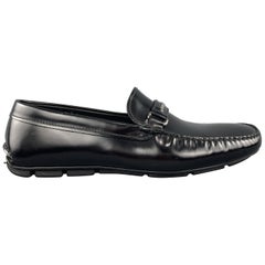  PRADA Size 10 Black Glossy Leather Metal Strap Driver Sole Loafers