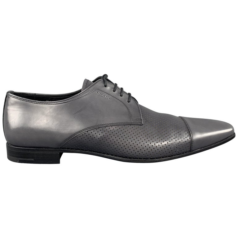 PRADA Size 10 Grey Perforated Leather Cap Toe Lace Up at 1stdibs