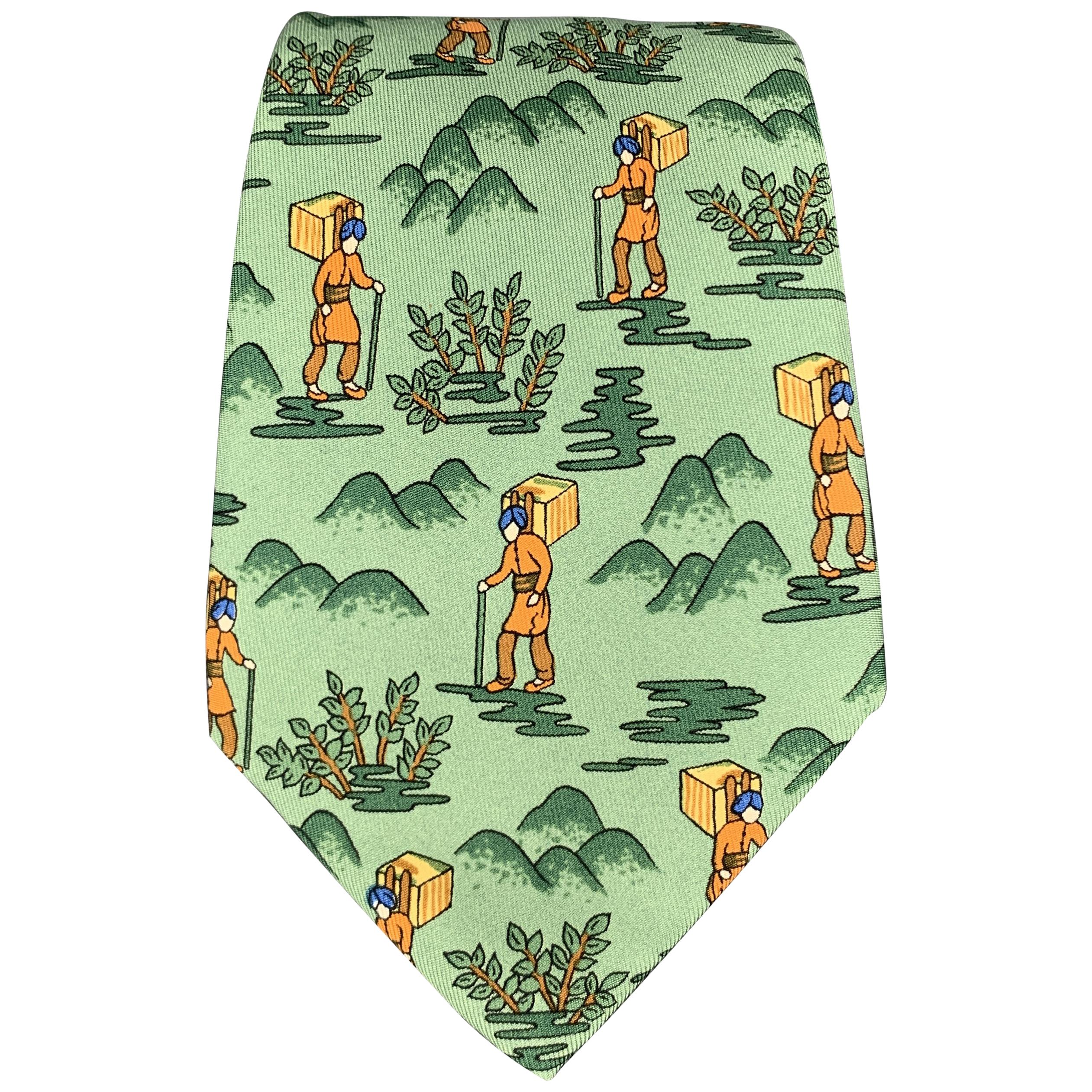 HERMES Explorer Green Silk Tie
