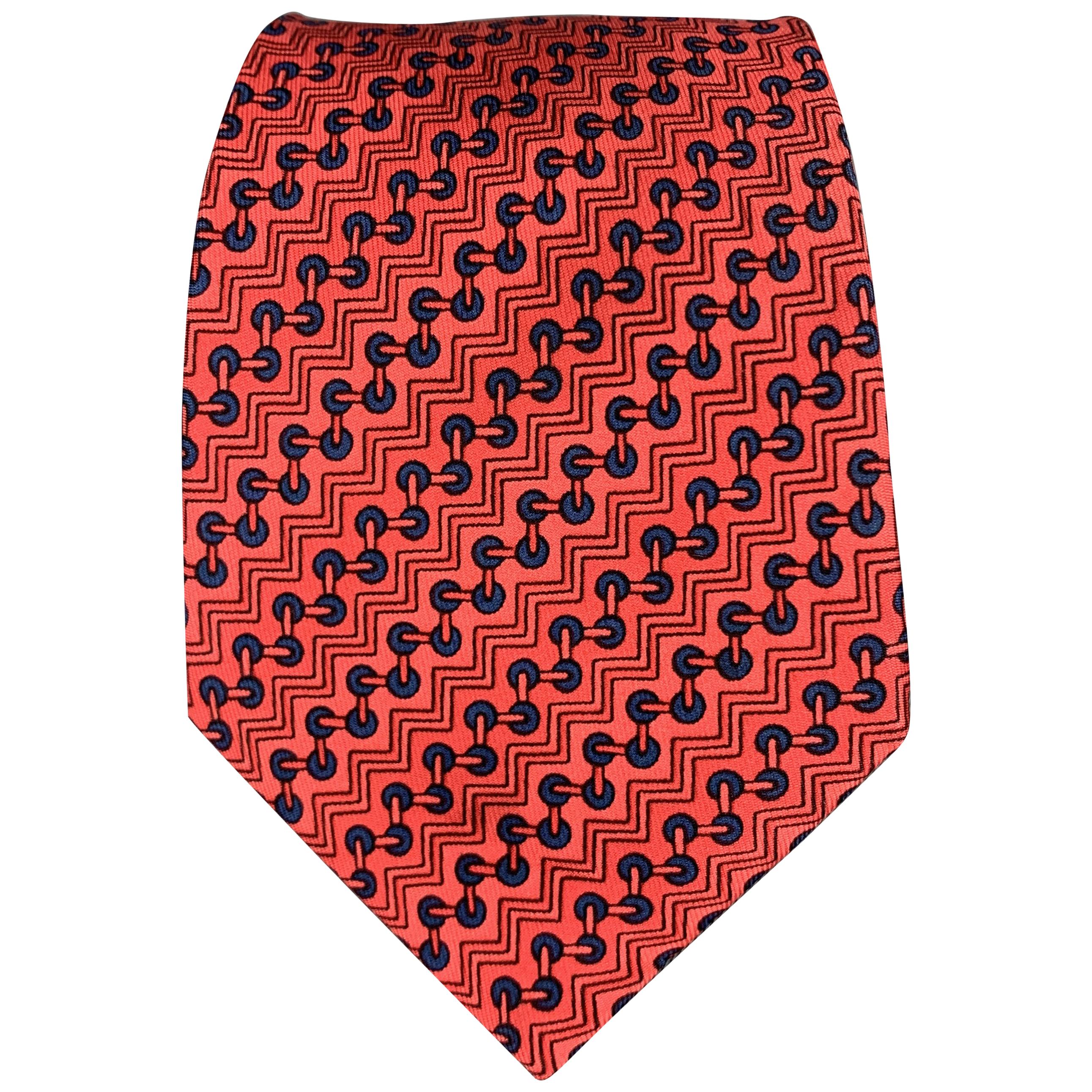 HERMES Zig-Zag Print Red Silk Tie