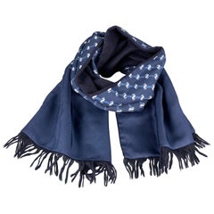 Retro HERMES Navy Cashmere / Wool Printed Scarf