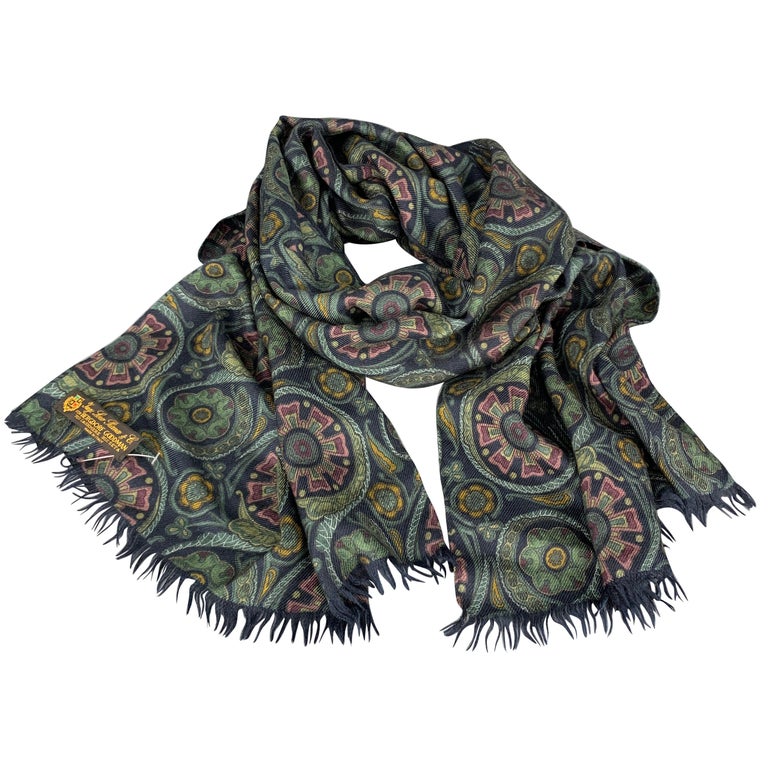 LORO PIANA Black Blue Tan Dots Reversible Cashmere Fringe Scarf