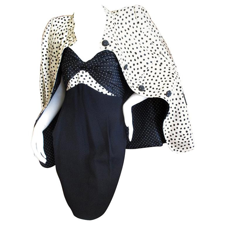 Geoffrey Beene 1980's Polka Dot Silk Strapless Dress and Matching Jacket For Sale