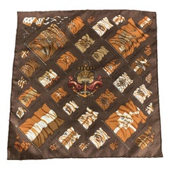 HERMES Pavois Brown Silk Printed Pocket Square