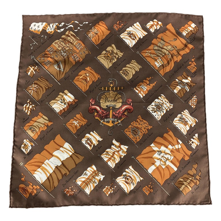 HERMES Pavois Brown Silk Printed Pocket Square at 1stDibs