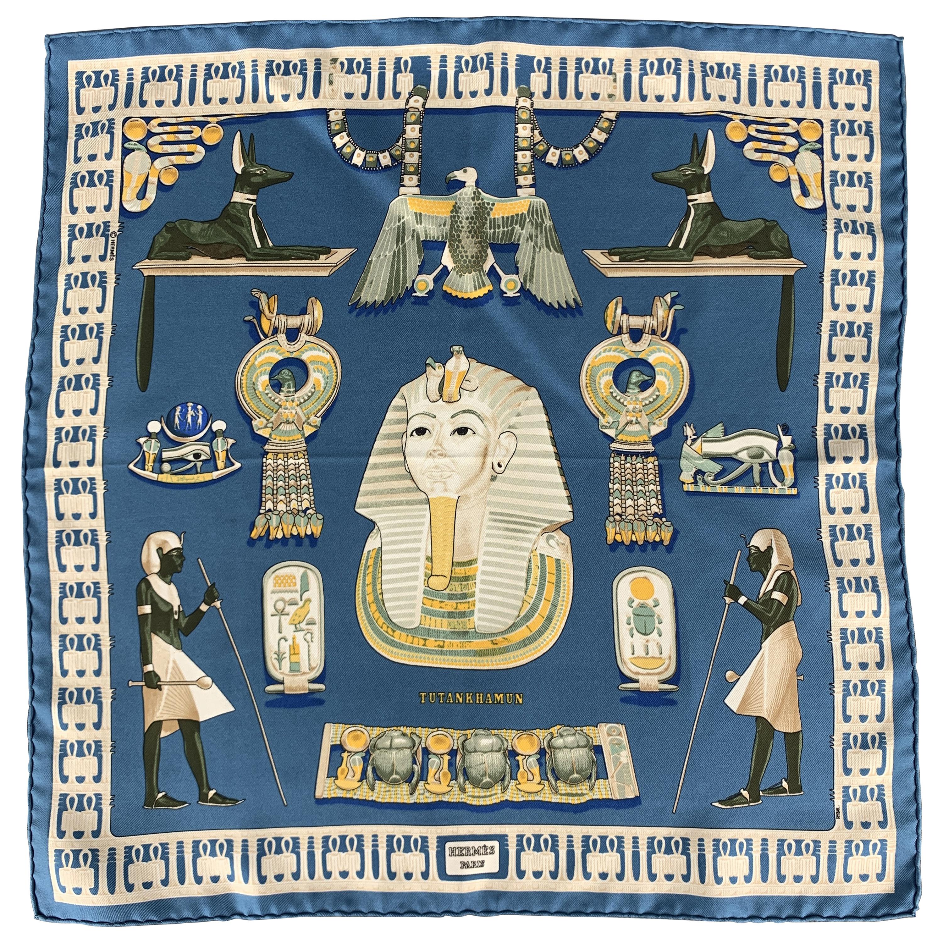 HERMES Tutankhamun Blue Silk Pocket Square