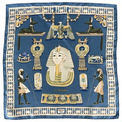 Vintage HERMES Tutankhamun Blue Silk Pocket Square