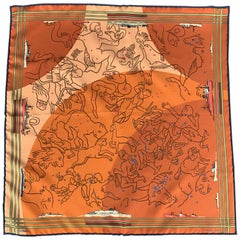 Retro HERMES Constellations Orange Silk Pocket Square