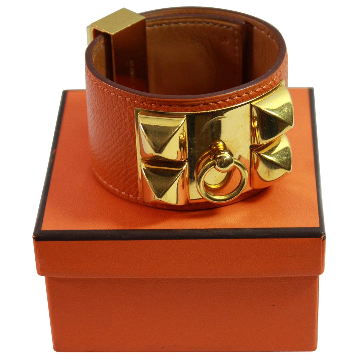 Hermes Bracelet Collier de Chien "medor" in Grained orange Leather and Golden HW