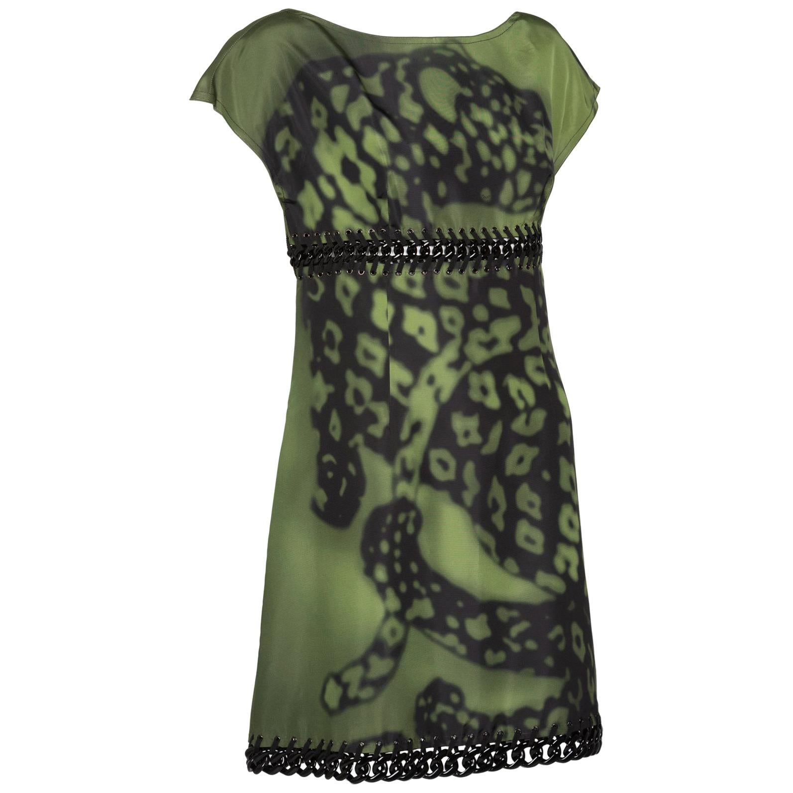 Prada Green Black Chain Inset Printed Shift Dress, Resort 2009  For Sale