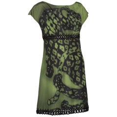 Used Prada Green Black Chain Inset Printed Shift Dress, Resort 2009 