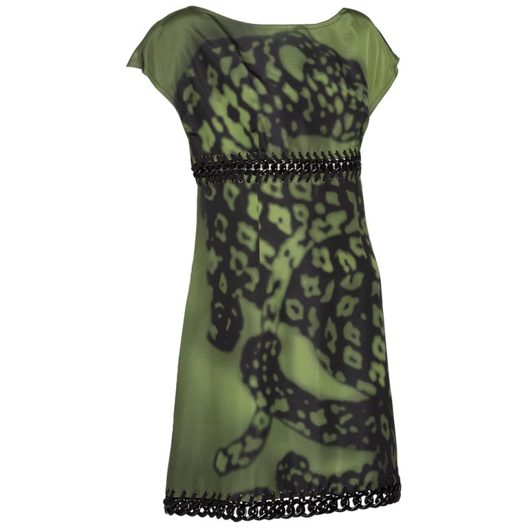 Prada Green Black Chain Inset Printed Shift Dress, Resort 2009  For Sale