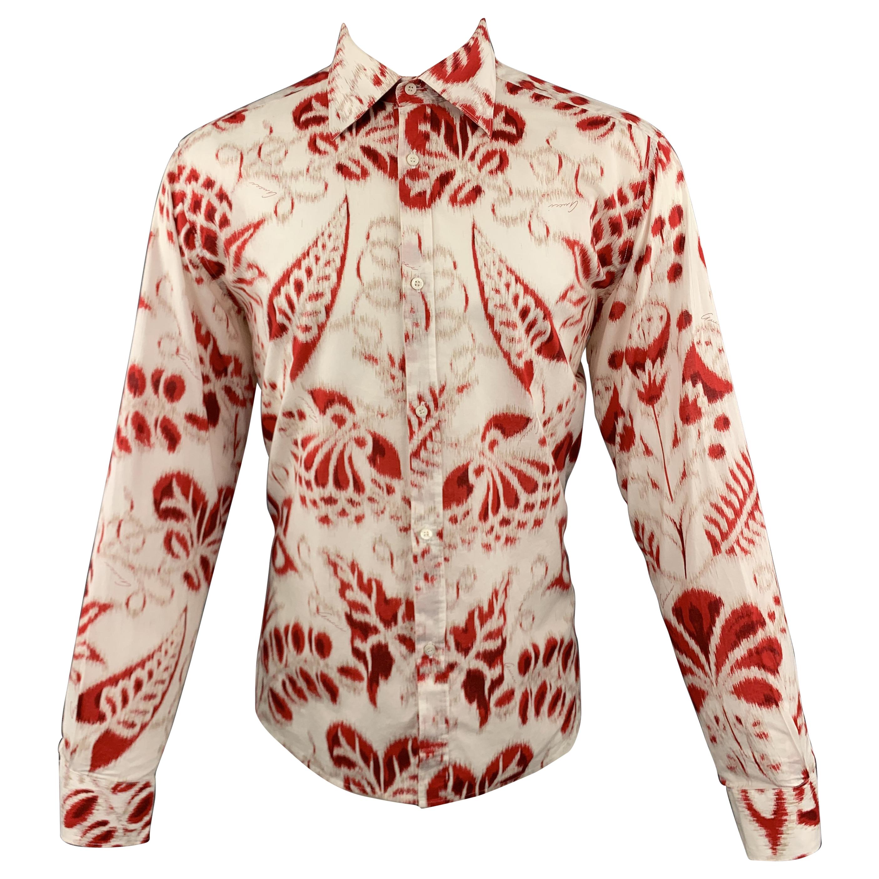 GUCCI by TOM FORD L White & Red Floral Print Cotton Button Up Long Sleeve Shirt