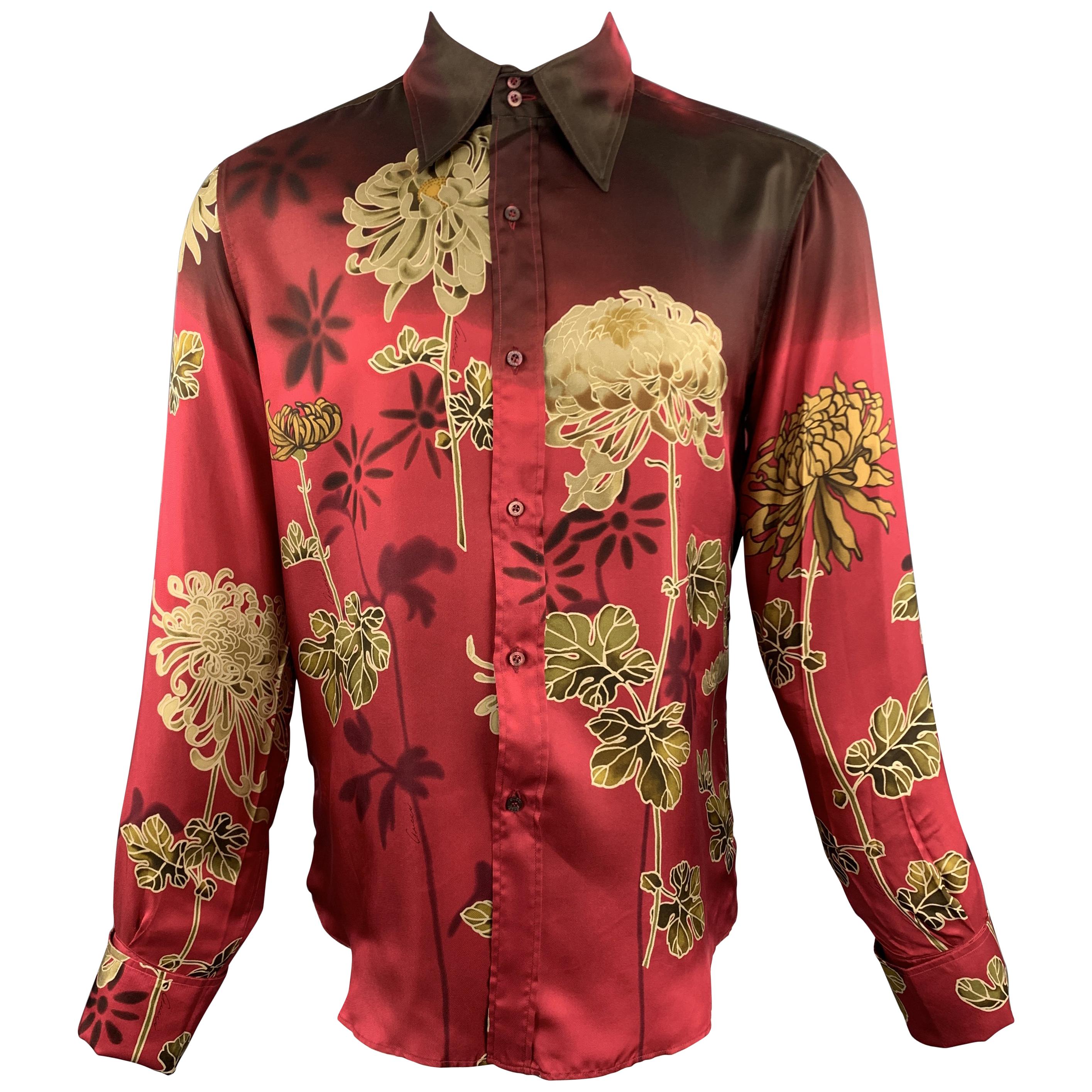  GUCCI by TOM FORD M Burgundy Floral Silk French Cuff Long Sleeve Shirt