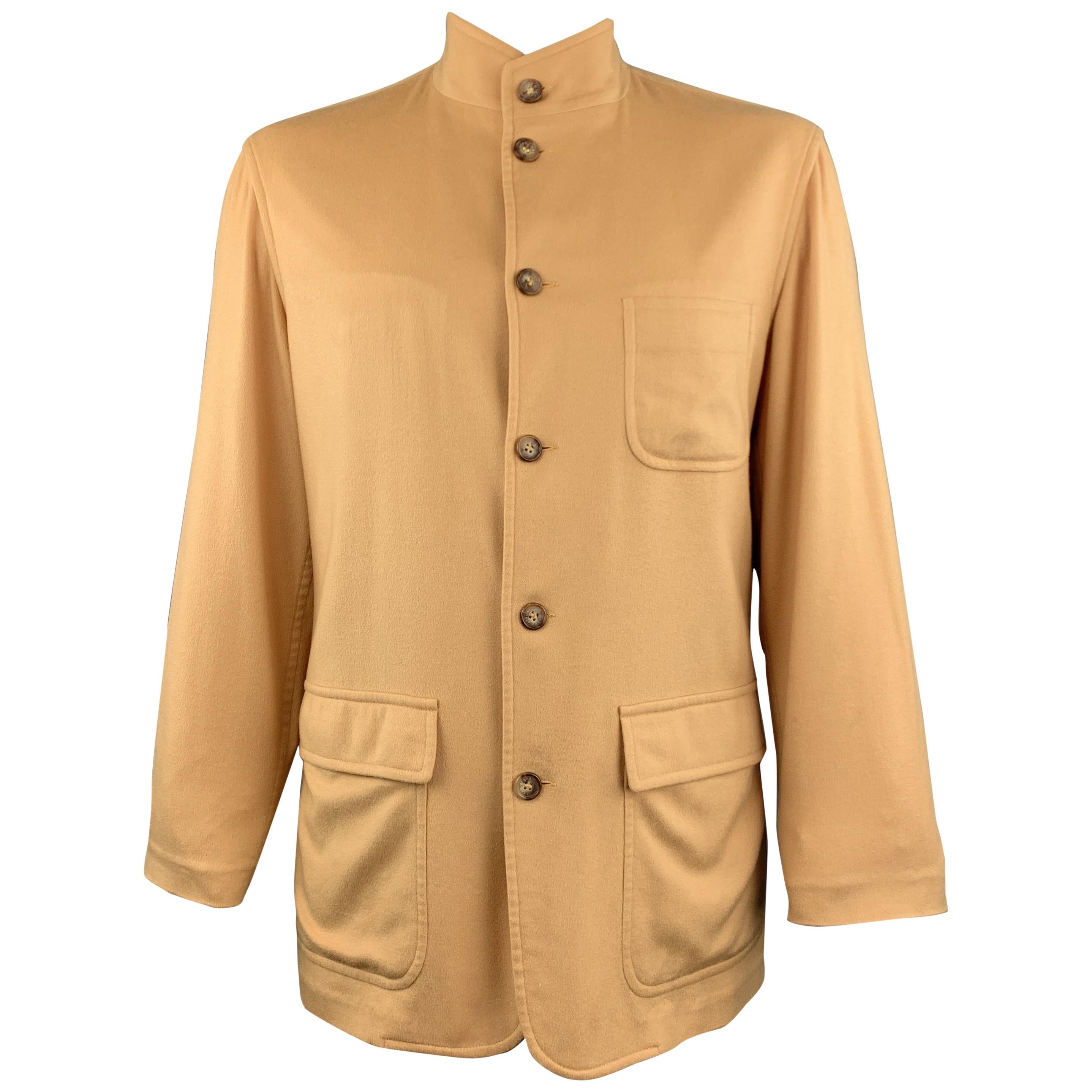  LORO PIANA L Khaki Cashmere Patch Pocket Nehru Collar Jacket