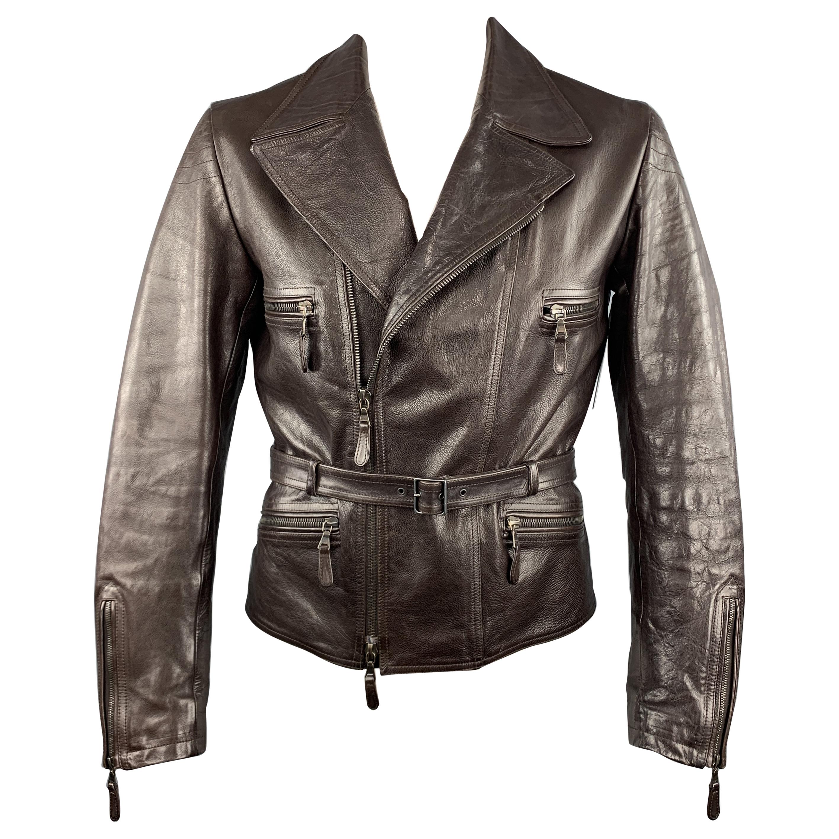  JIL SANDER 42 Brown Leather Belted Waist Biker Jacket