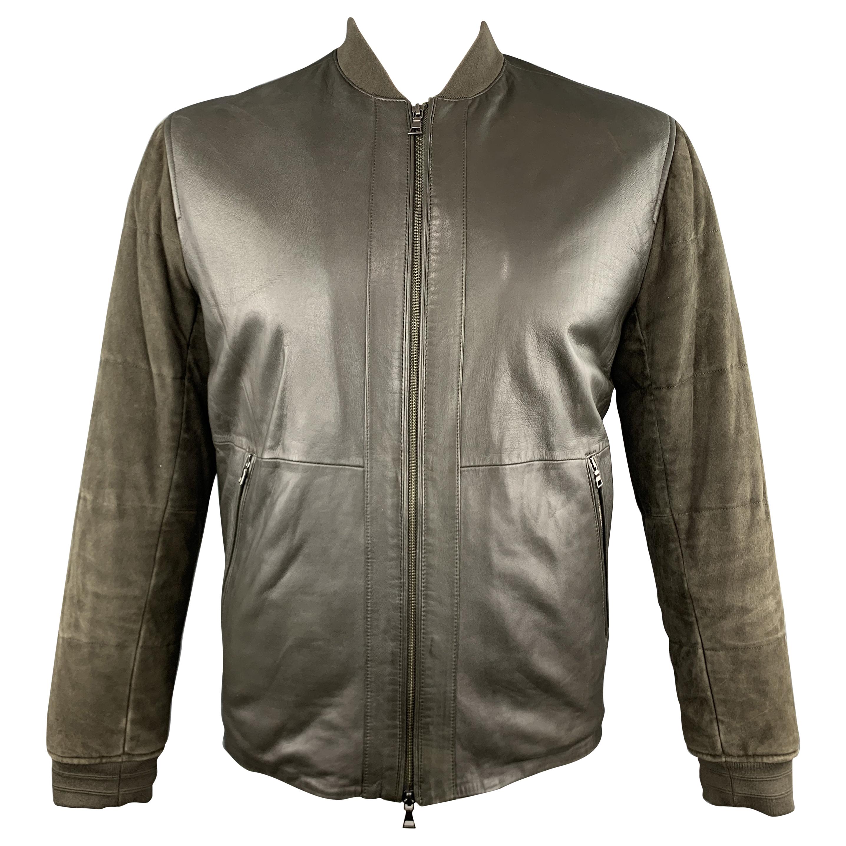 VINCE L Olive Leather Quilted Suede Sleeve Bomber Jacket