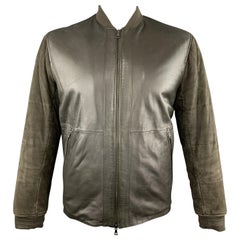 VINCE L Olive Leather Quilted Suede Sleeve Bomber Jacket