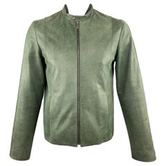 JIL SANDER 42 Green Distressed Leather Zip Up Biker Jacket