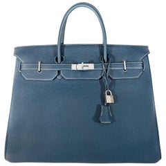 Hermès Blue Sapphire Togo 40 cm Horseshoe Birkin- White Interior