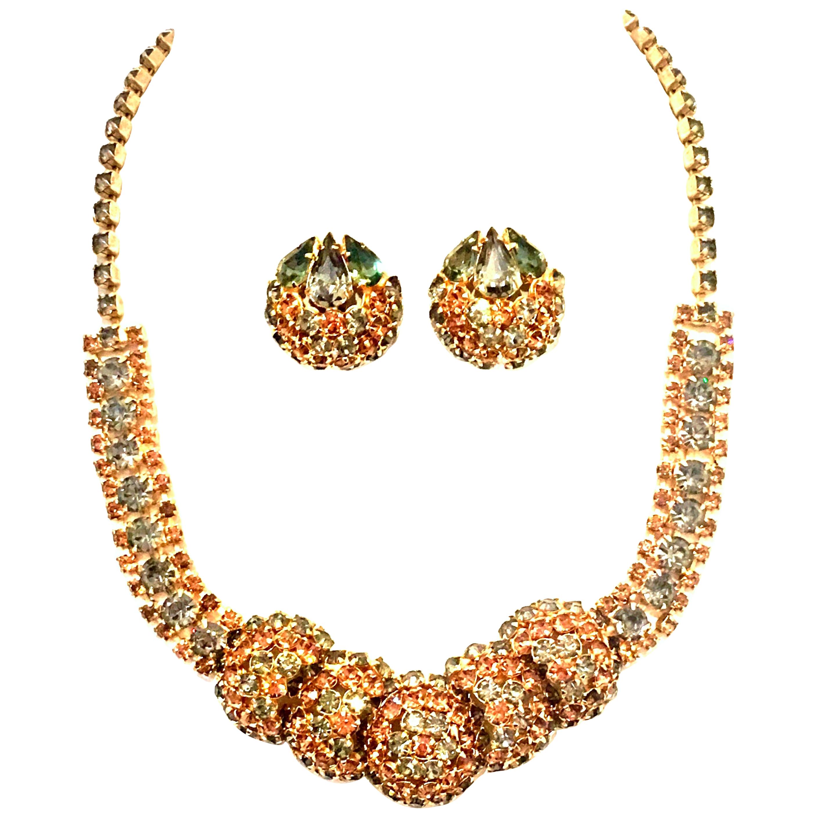 1950'S Gold & Swarovski Crystal Necklace And Earrings By Joseph Warner S/3