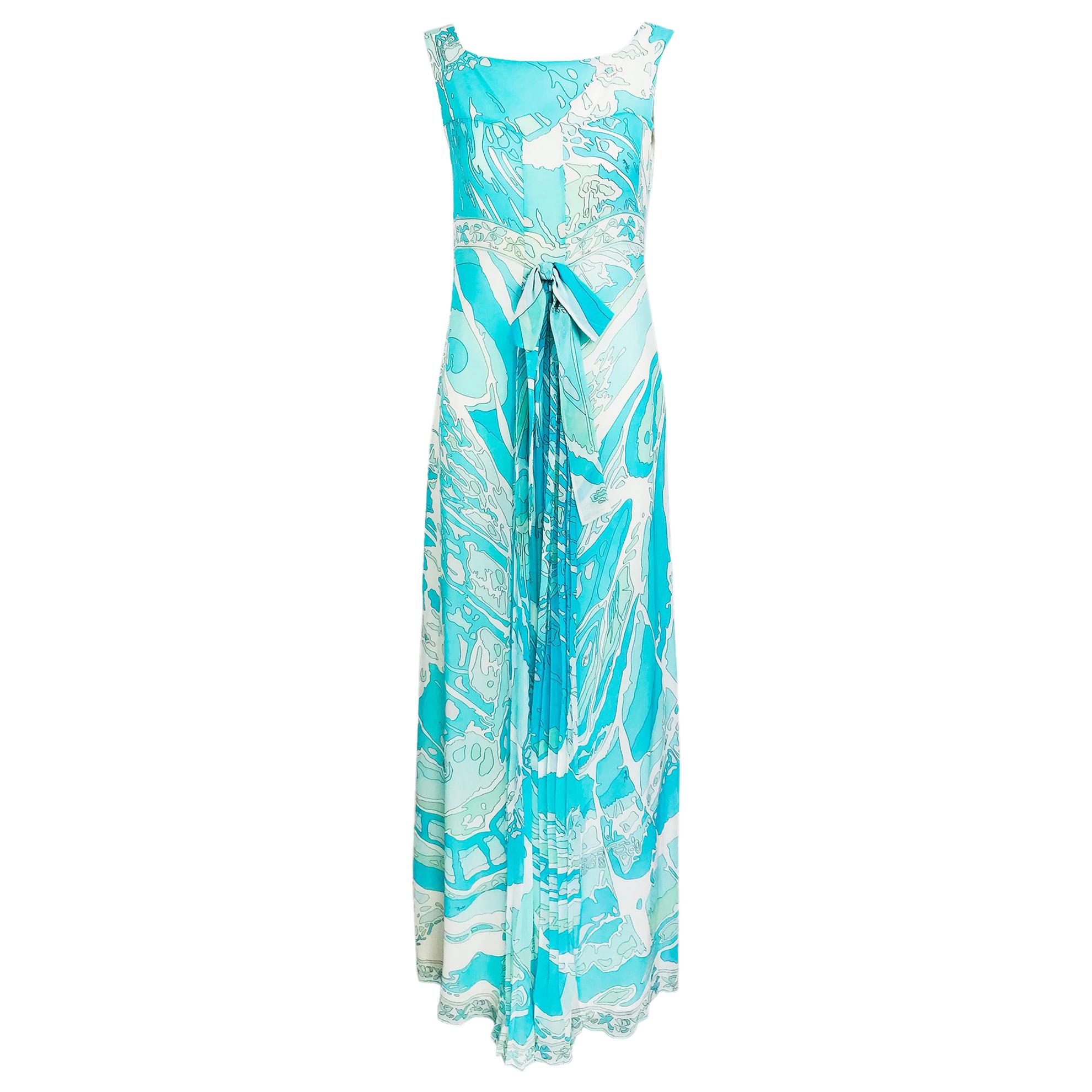 Emilio Pucci Aqua Print Silk Chiffon Maxi Dress 