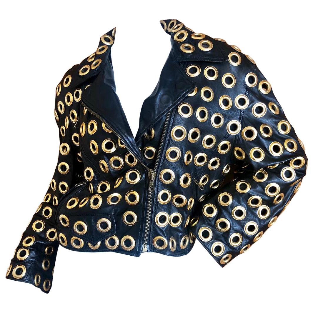 Moschino Couture 1980's Leather Moto Jacket with Bold Grommet Details For Sale