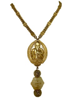 Brass Buddha Pendant Necklace With Carved Serpentine Drop