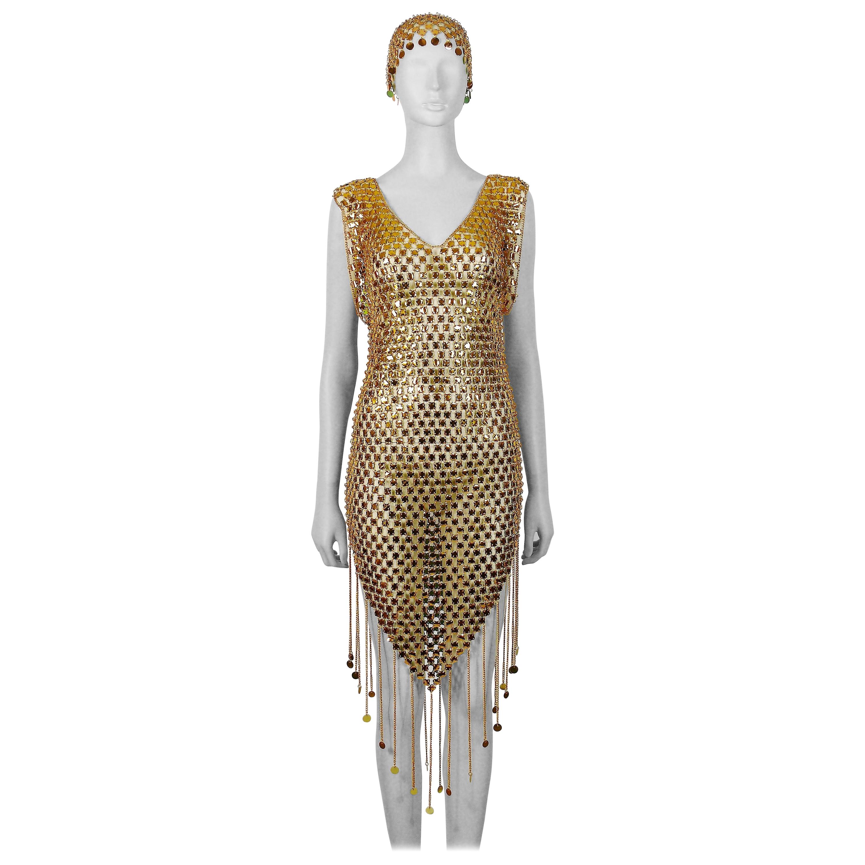 1970s Gold Toned Rhodhoid Chainmail Fringed Dress and Hat
