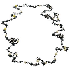 Chanel 2013 Long Grey and White Bead Logo Necklace