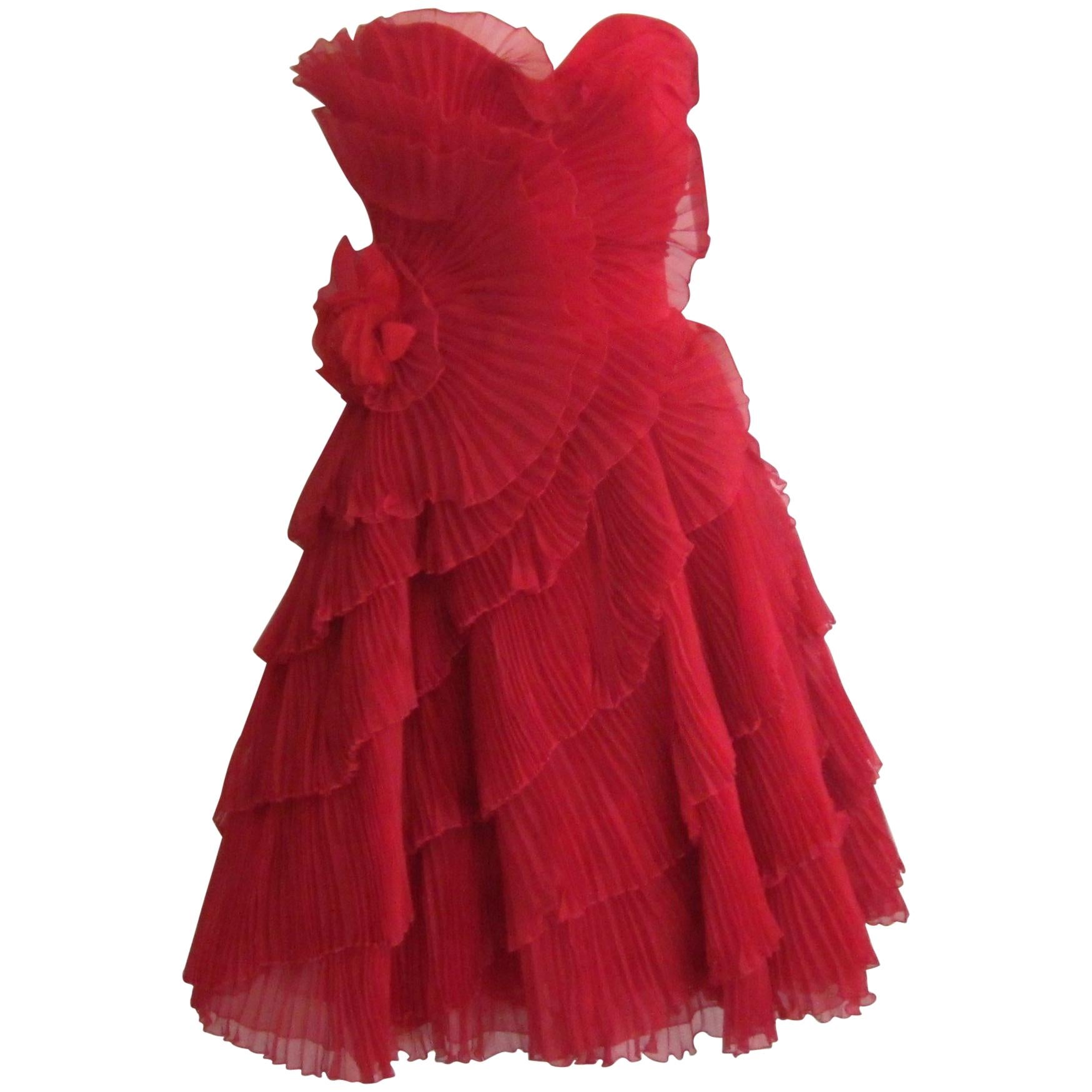 Red Accordion Pleated 1950s Strapless Dress VLV Vintage 