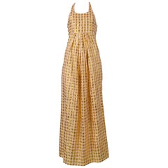 Vintage Christian Lacroix Metallic Gold & Linen Gingham Check Halter Dress