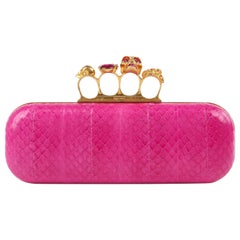 ALEXANDER MCQUEEN Pink Snakeskin Skull Knuckle-Duster Box Clutch