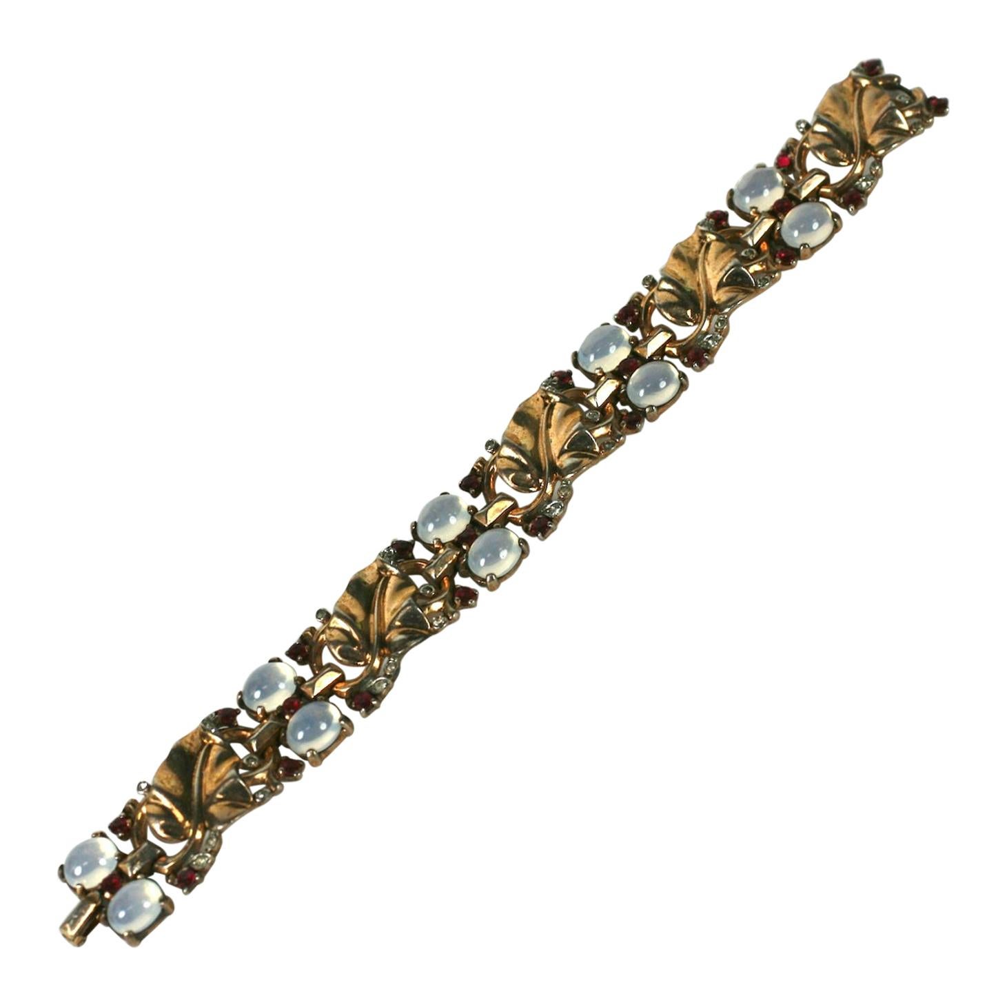  Trifari Alfred Philippe Moonstone and Ruby Golden Leaf Bracelet For Sale
