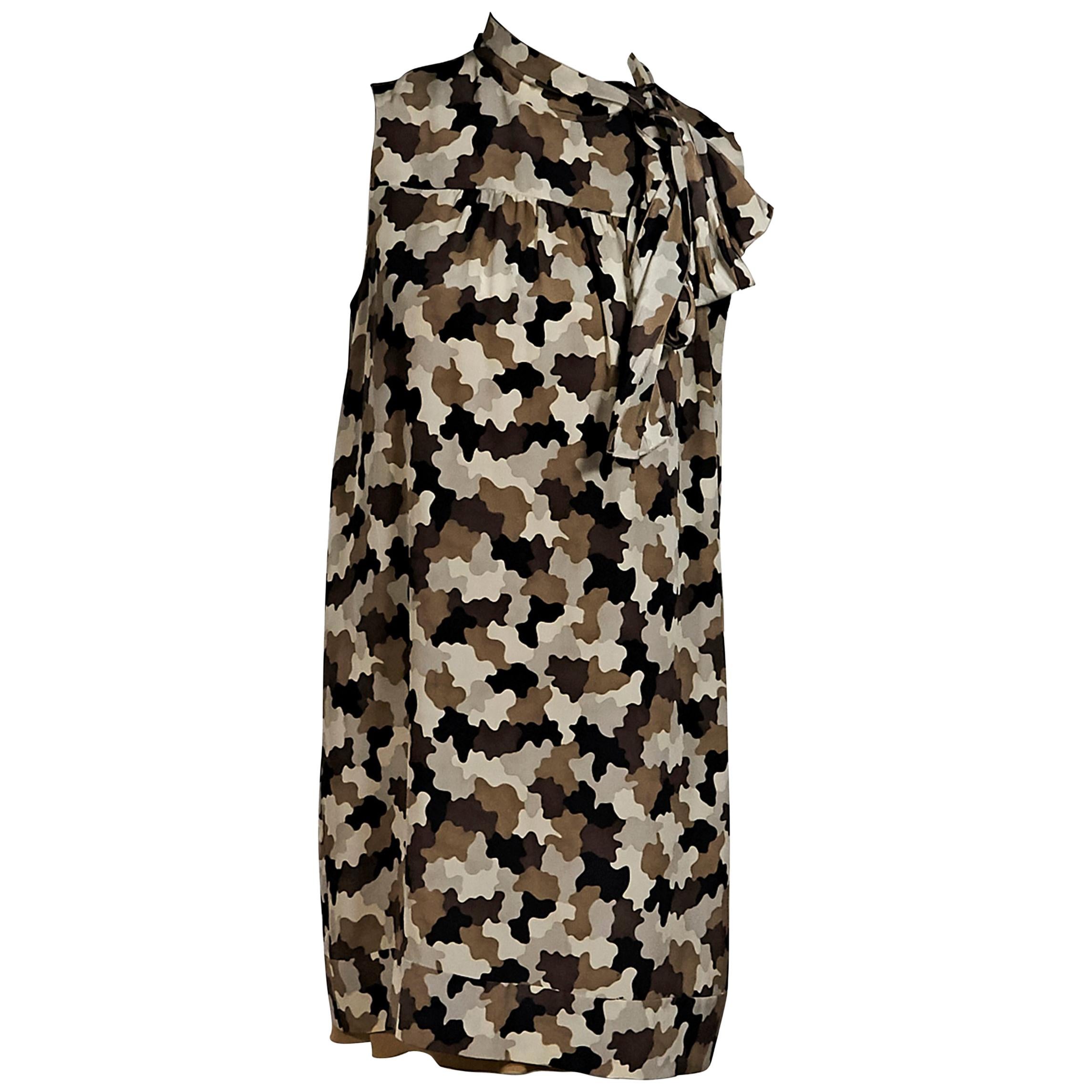 Brown Prada Camo-Printed Silk Shift Dress