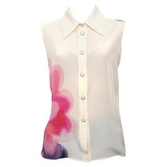 Chanel 2015 Spring Runway Ivory Silk Sleeveless Blouse Watercolor Pink Floral