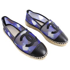 Chanel Blue Mesh and Black Leather CC Espadrille Flats - 36.5