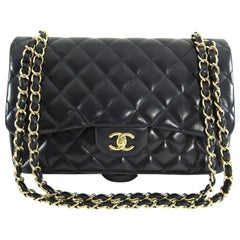 Chanel Jumbo Black Lambskin Classic Double Flap Quilt Bag Gold