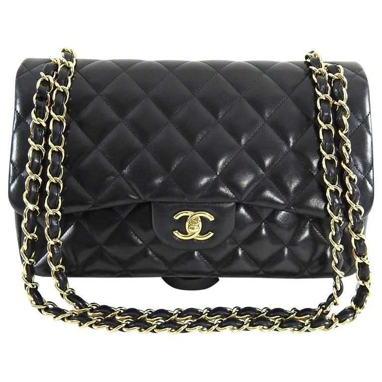 Chanel Jumbo Black Lambskin Classic Double Flap Quilt Bag Gold at 1stDibs