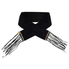 YSL Yves Saint Laurent Vintage Black Suede Fringe Belt Scarf