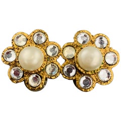 CHANEL Vintage Gold Tone Faux Pearl & Rhinestone Cluster Clip On Earrings