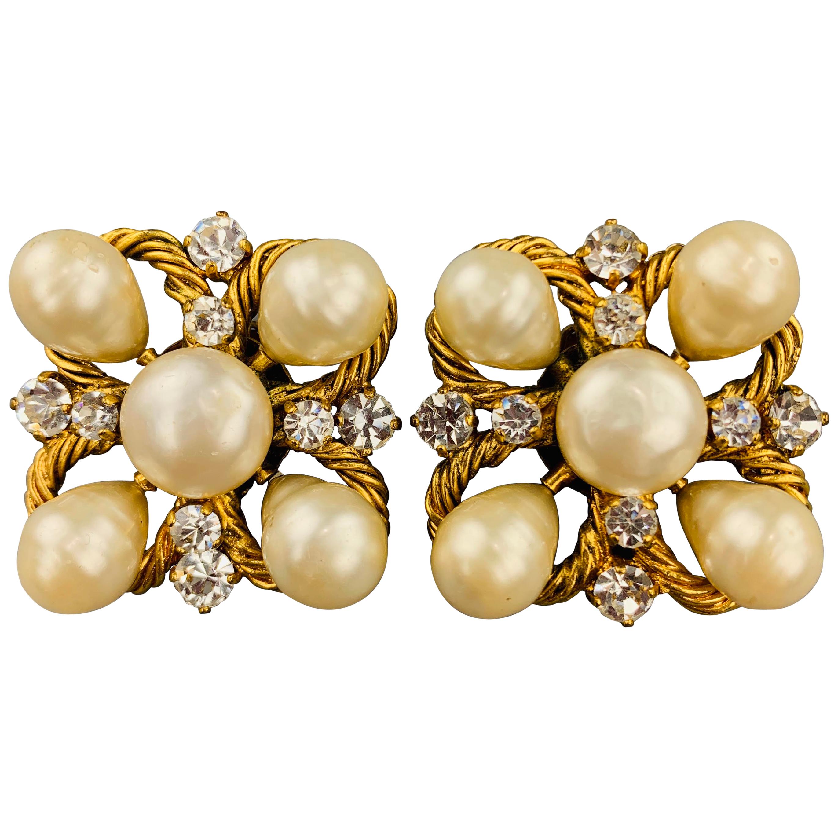 CHANEL Vintage Gold Rhinestone & Faux Pearl Cluster Clip On Earrings